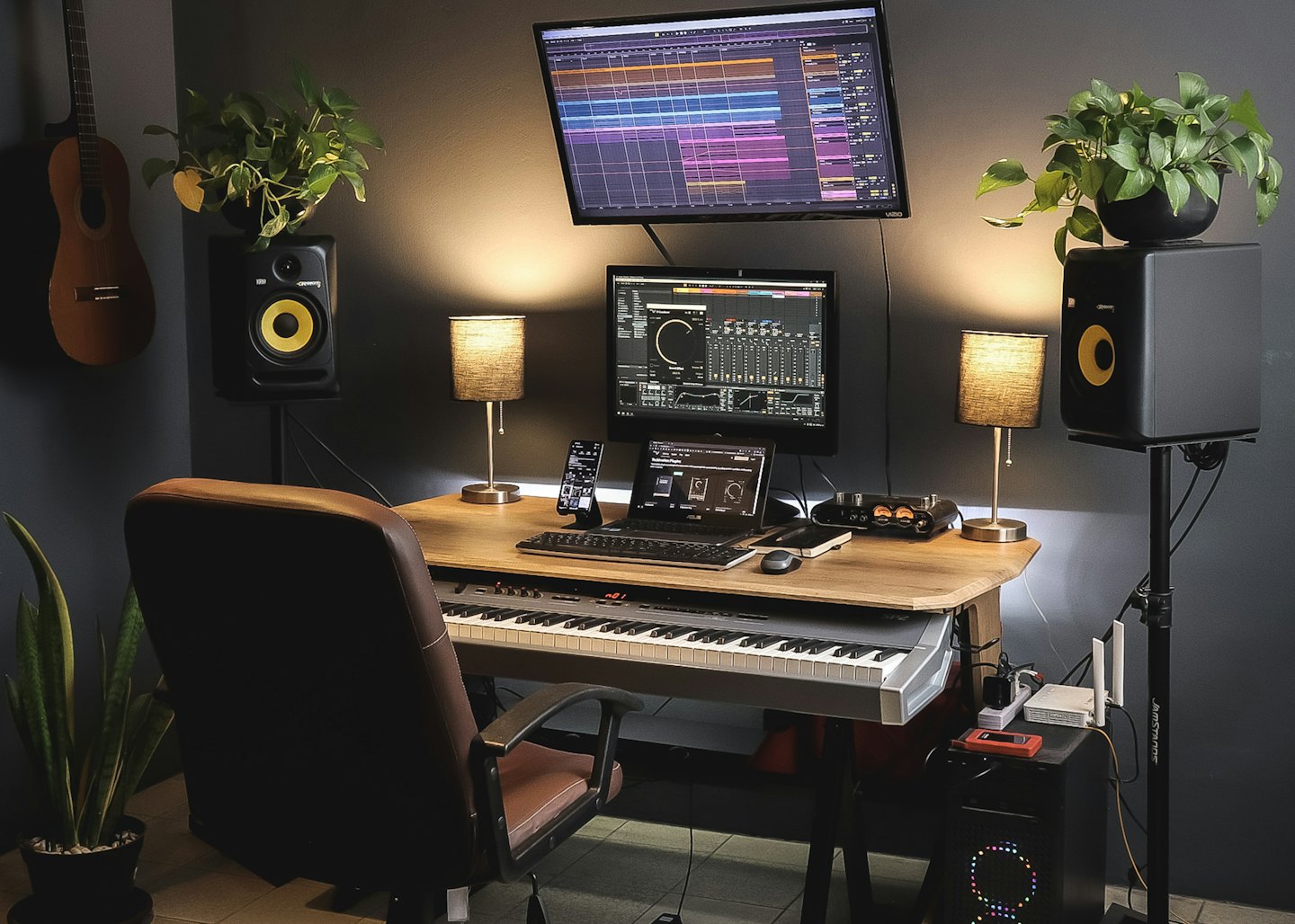 Profesjonalne studio muzyczne z monitorami komputerowymi, klawiaturą i głośnikami.